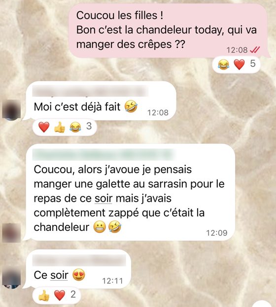 Échanges dans le groupe WhatsApp privé (noms et photos masqués)