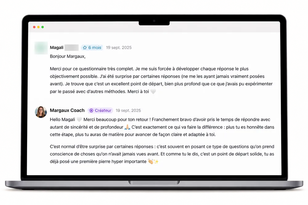 Échange en commentaire sous un module, entre une participante et Margaux (nom de famille masqué)