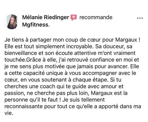 Avis d'une cliente sur la page Facebook MG Fitcoach