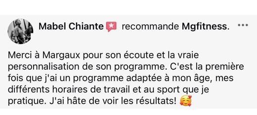 Avis d'une cliente sur la page Facebook MG Fitcoach