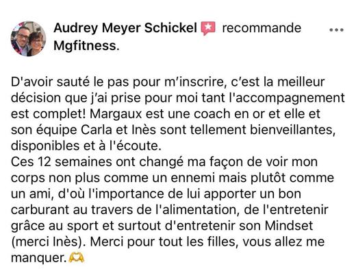 Avis d'une cliente sur la page Facebook MG Fitcoach