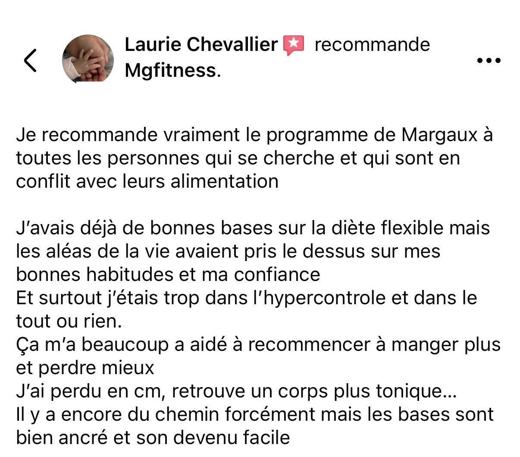 Avis d'une cliente sur la page Facebook MG Fitcoach