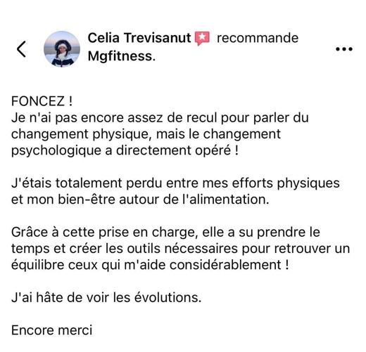 Avis d'une cliente sur la page Facebook MG Fitcoach