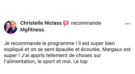 Avis d'une cliente sur la page Facebook MG Fitcoach