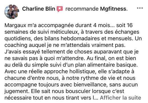Avis d'une cliente sur la page Facebook MG Fitcoach